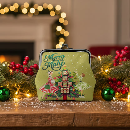 Merry Mahj Mahjong Green Christmas Nostalgia Women's Leather Kiss Lock Coin Purse