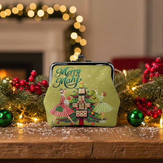 Merry Mahj Mahjong Green Christmas Nostalgia Women's Leather Kiss Lock Coin Purse - Splash Of Mahj And Color Co.