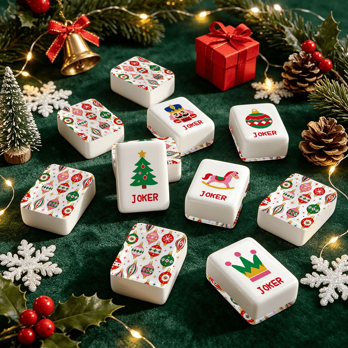 Starry Brite Traditional Holiday Playful Workshop Christmas Mahjong Tiles And Carry Case