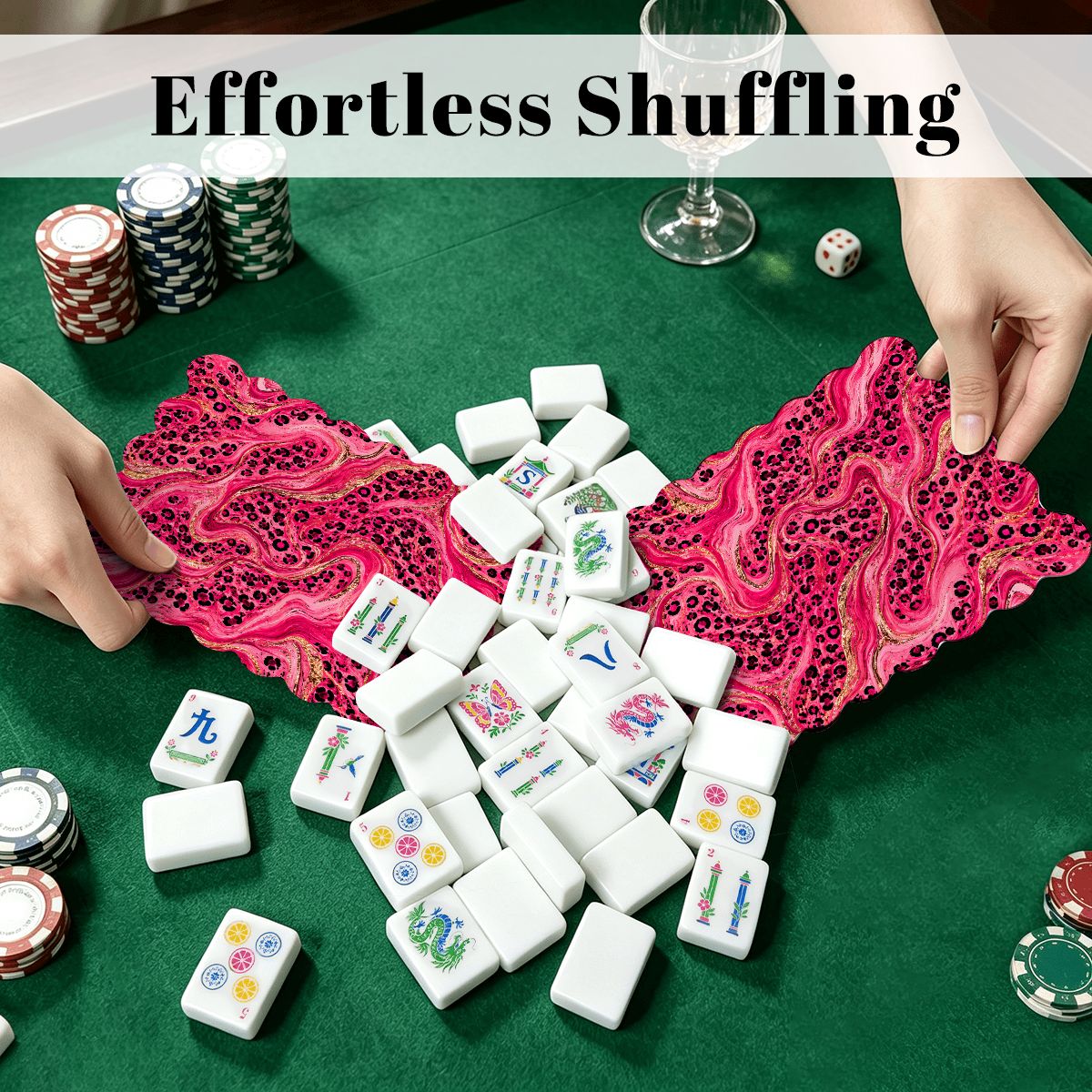 Leopard Luxe Glitz And Glam Pink Scalloped Mahjong Shuffler Cards Set of 4 - Splash Of Mahj And Color Co.