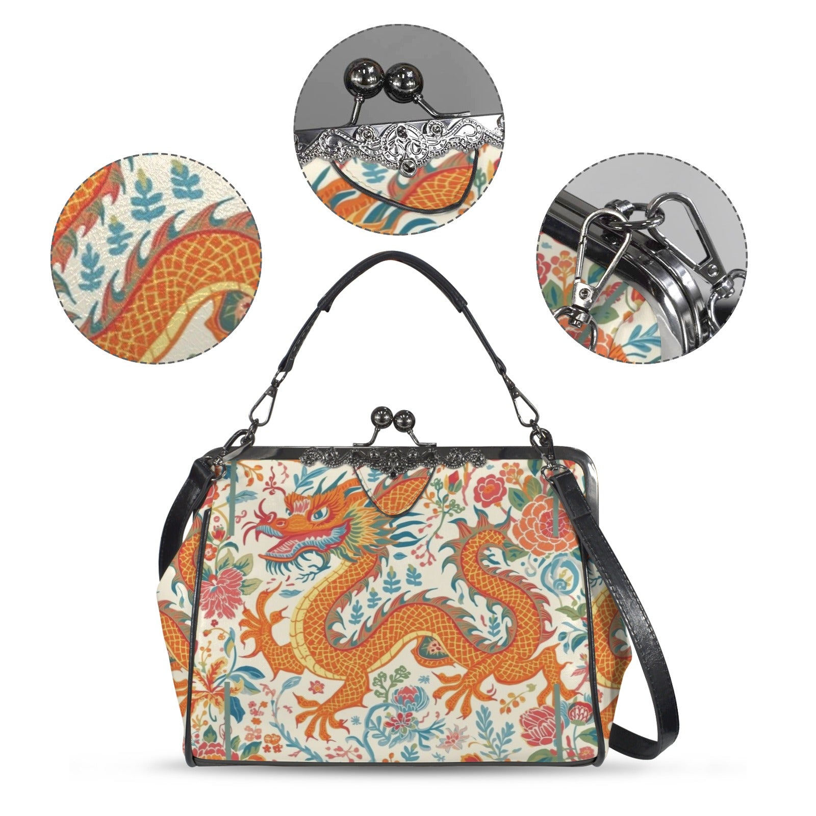 Asian Dragon Bold And Eclectic Modern Vintage Kisslock Shoulder Handbag - Splash of Color Co.