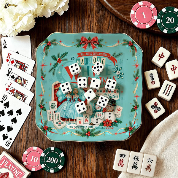 Nostalgic White Christmas Haynes Sisters Scalloped Ceramic Mahjong Dice Tray