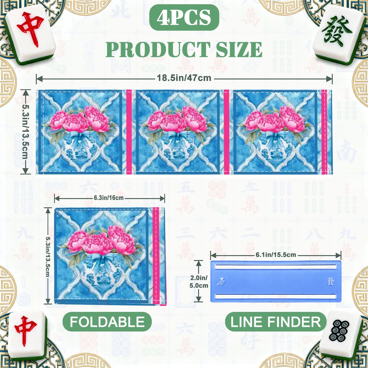 Pink Peony Watercolor Blue, 4 Mahjong Card Holder with Line Finder - Splash of Color Co.