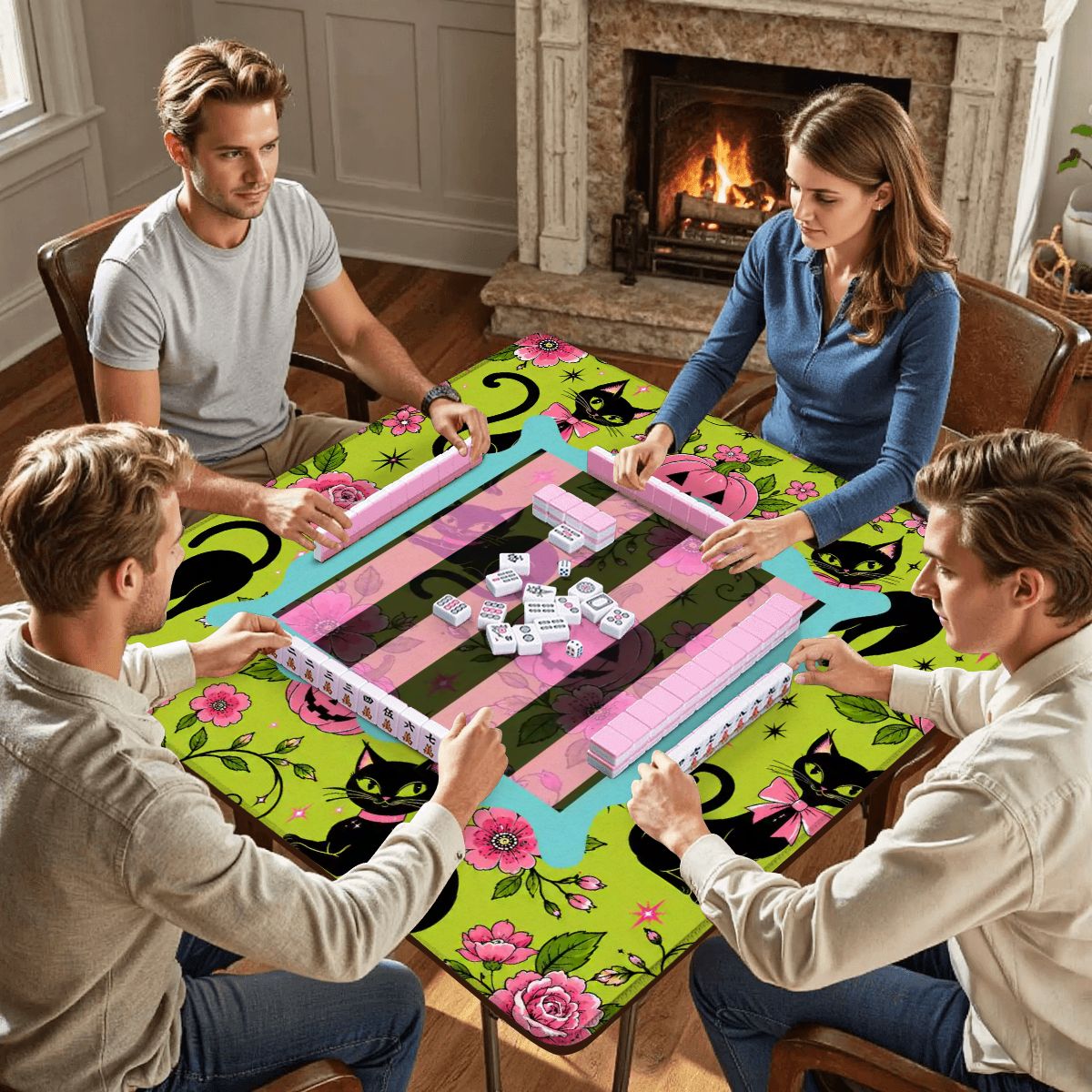 Halloween Kitty Cat Brigade Green And Pink Mahjong Mat - Splash Of Mahj And Color Co.