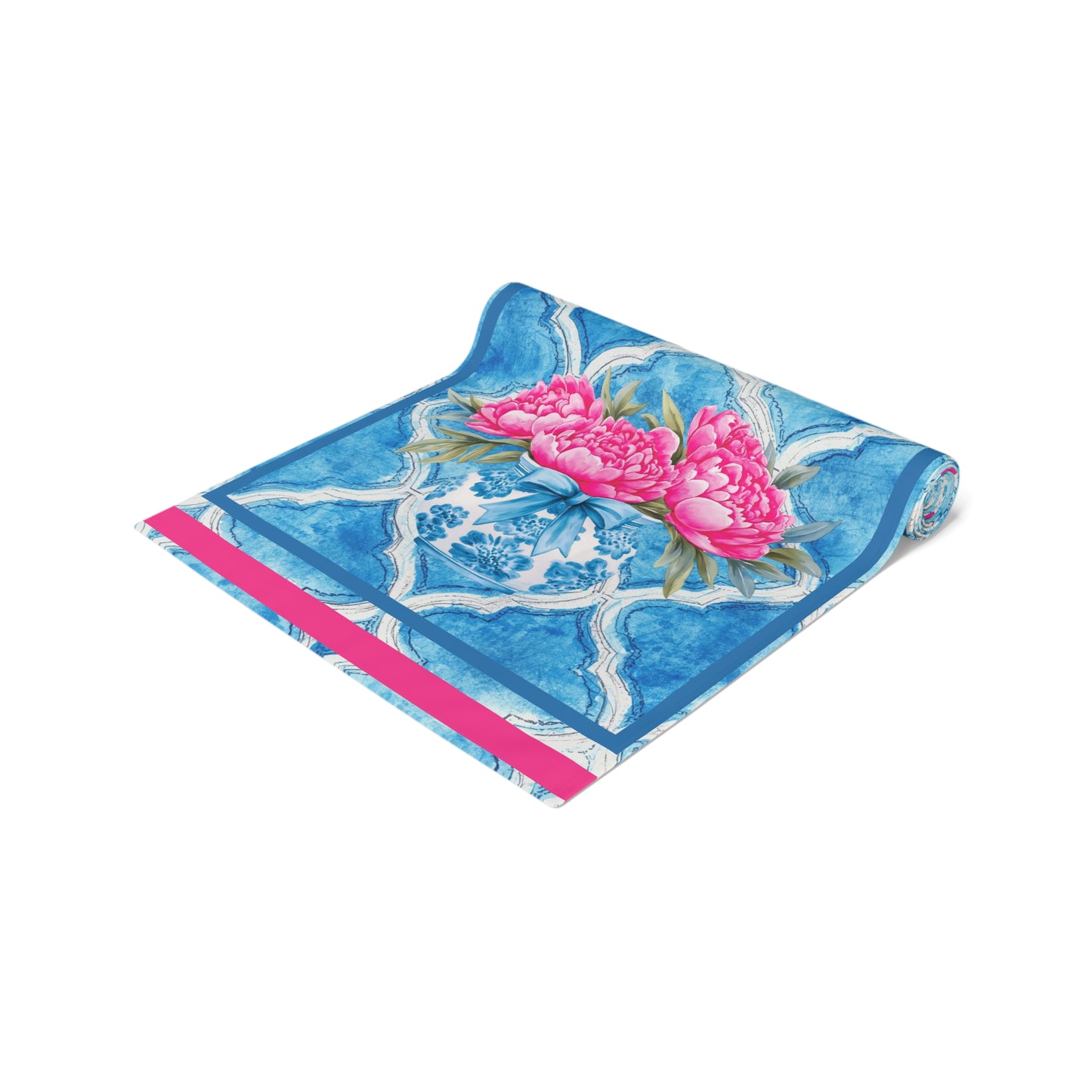 Pink Peony Floral Tile Table Runner — Blue Moroccan Watercolor Pattern - Splash of Color Co.