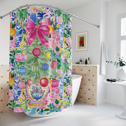 Chinoiserie Christmas Shower Curtain, Festive Floral Christmas Tree Design - Splash of Color Co.