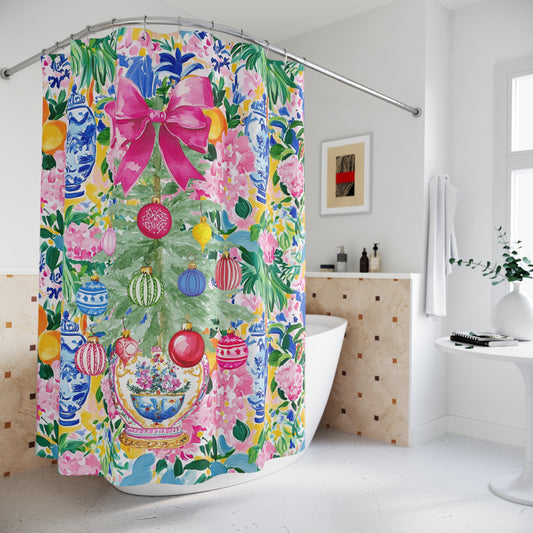 Chinoiserie Christmas Shower Curtain, Festive Floral Christmas Tree Design - Splash of Color Co.