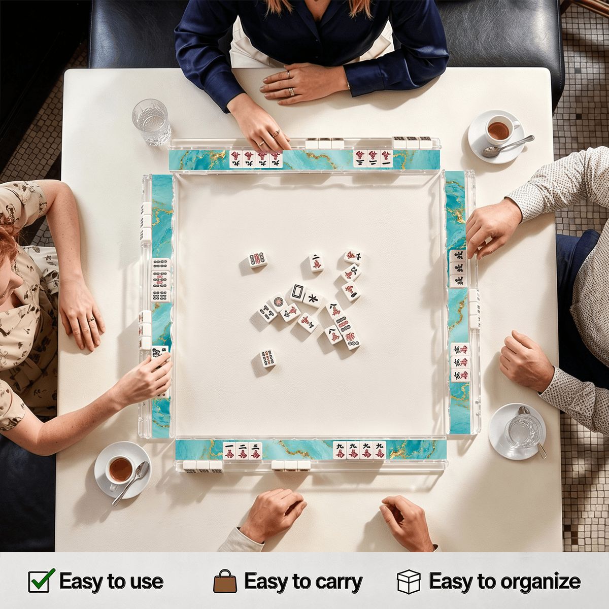 Aqua Tidal Wave Extended Mahjong Rack Set of 4 Scalloped Magnetic Tile Pusher 20' - Splash Of Mahj And Color Co.
