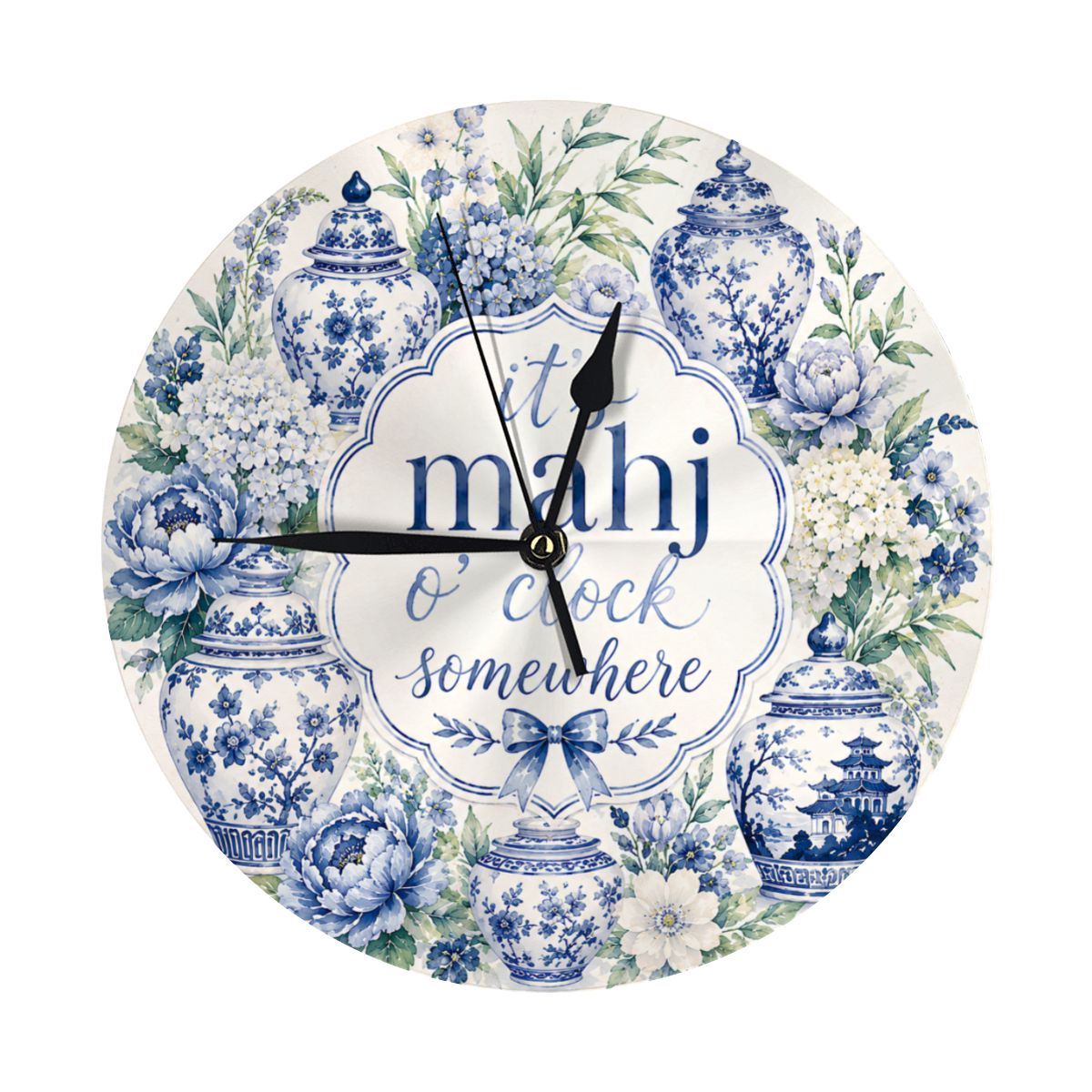 It's Mahj O'Clock Somewhere, Ginger Jar Floral Blue Chinoiserie Wall Or Desk Clock Including Stand