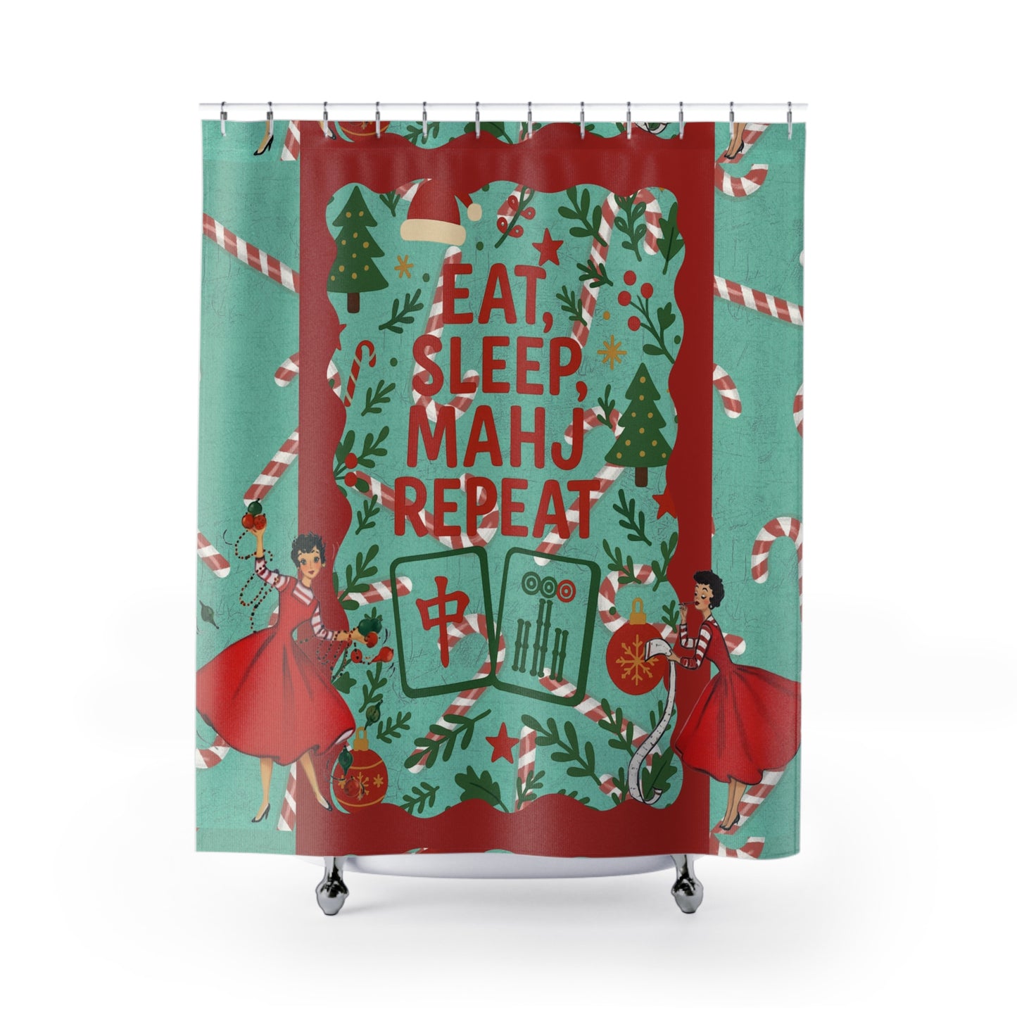Mahjong Christmas Bathroom Shower Curtain Eat, Sleep, Mahj, Repeat