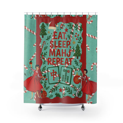 Mahjong Christmas Bathroom Shower Curtain Eat, Sleep, Mahj, Repeat