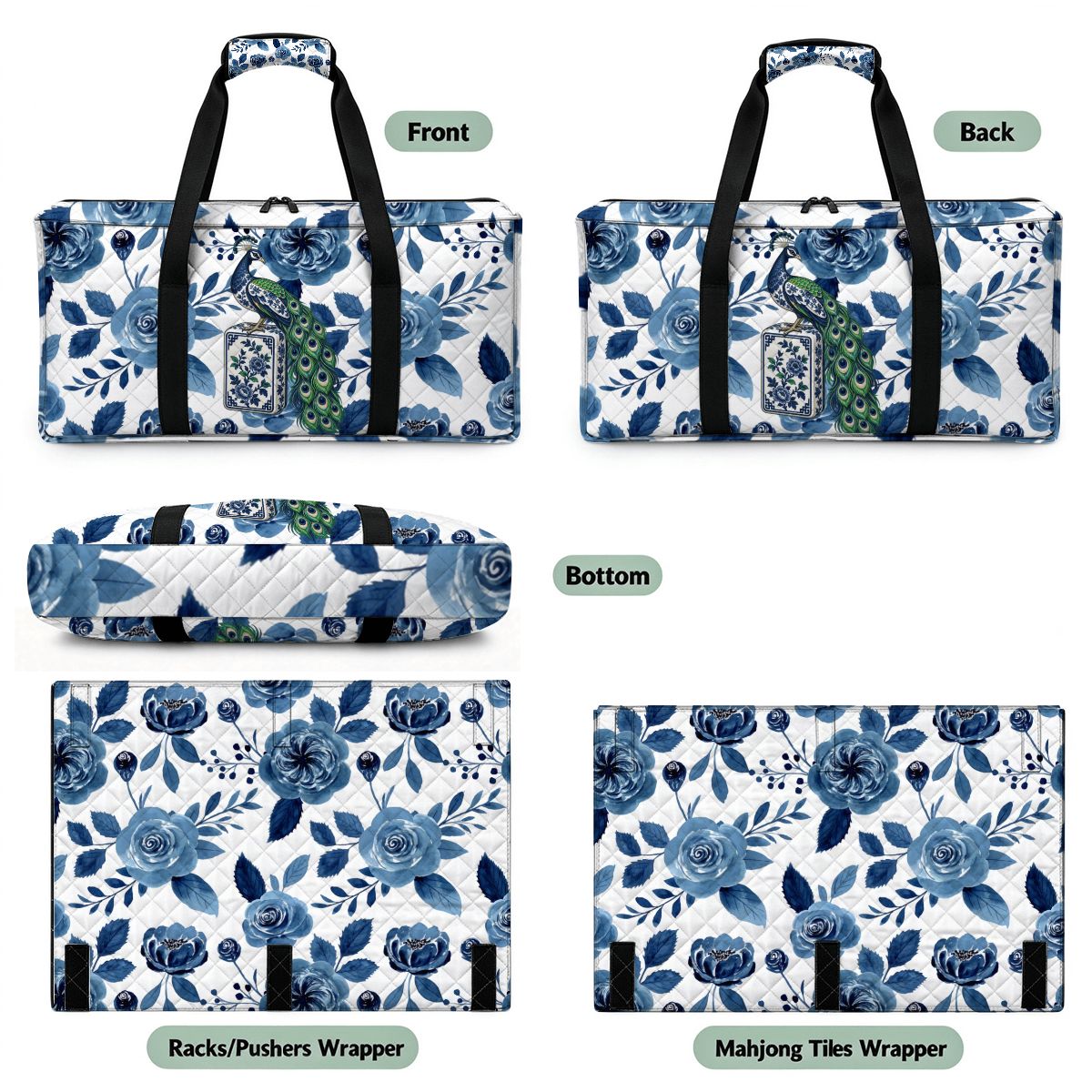 Bam Bird Floral Chinoiserie Quilted Mahjong Bag Set 3 Pcs - Splash Of Mahj And Color Co.