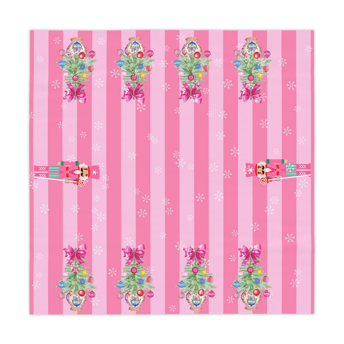 Whimsical Nutracker Chinoiserie Christmas Trees, Pink Striped Tablecloth - Splash of Color Co.