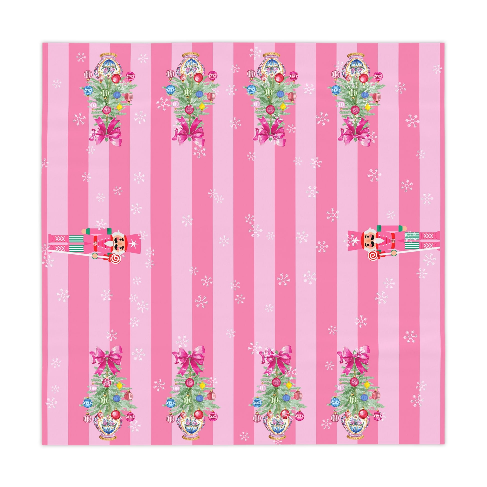 Whimsical Nutracker Chinoiserie Christmas Trees, Pink Striped Tablecloth - Splash of Color Co.