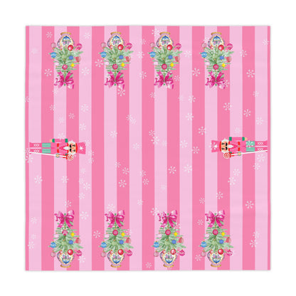 Whimsical Nutracker Chinoiserie Christmas Trees, Pink Striped Tablecloth - Splash of Color Co.