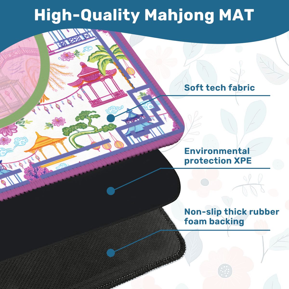 Asian Chinoiserie Gardens, Pagoda, Lantern Lavender And Blue Mahjong Mat - Splash of Color Co.