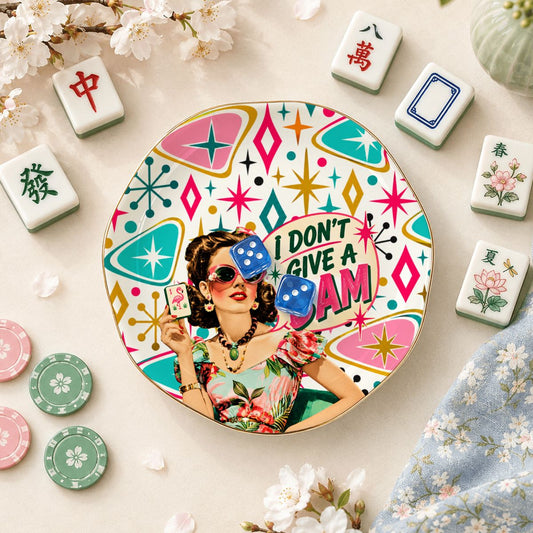 Funny Mahjong, I Don't Give A Bam Round Scalloped Ceramic Mahjong Dice Tray - Splash Of Mahj And Color Co.