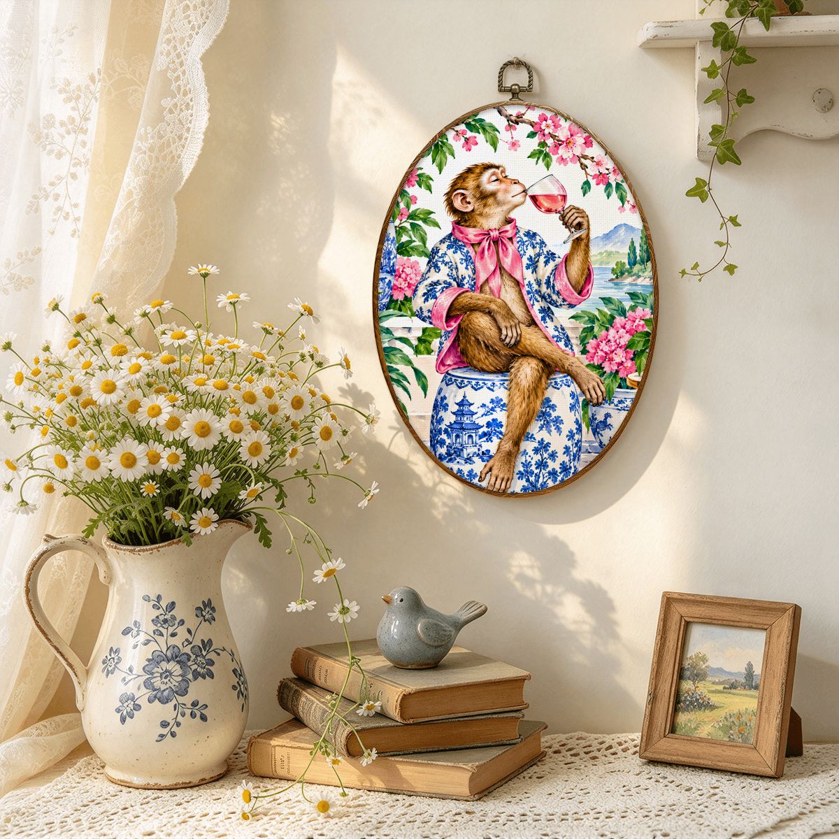 Monkey Garden Party Mahjong Chinoiserie Vintage Oval Wall Art Framed Canvas Print - Splash Of Mahj And Color Co.
