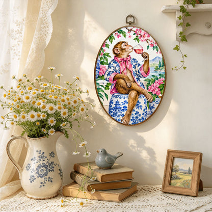 Monkey Garden Party Mahjong Chinoiserie Vintage Oval Wall Art Framed Canvas Print - Splash Of Mahj And Color Co.