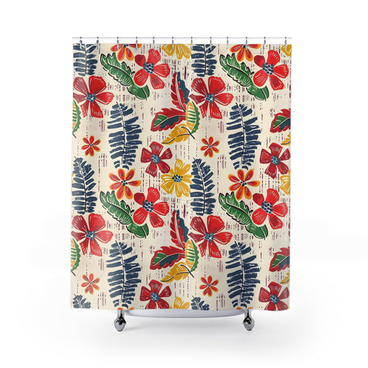 Vibrant Floral Heritage Shower Curtain Citrus Green, Blue, Yellow Tropical Vibe Preppy Boho Decor