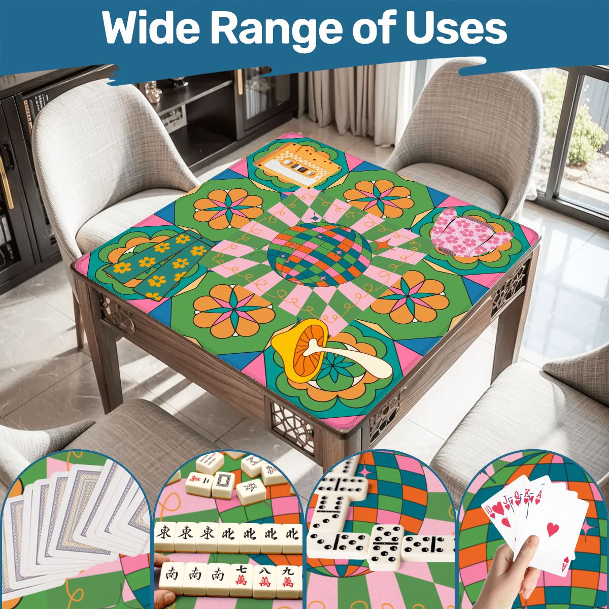 Disco Fever, Nostalgic 70s Green Orange Floral Mahjong Mat