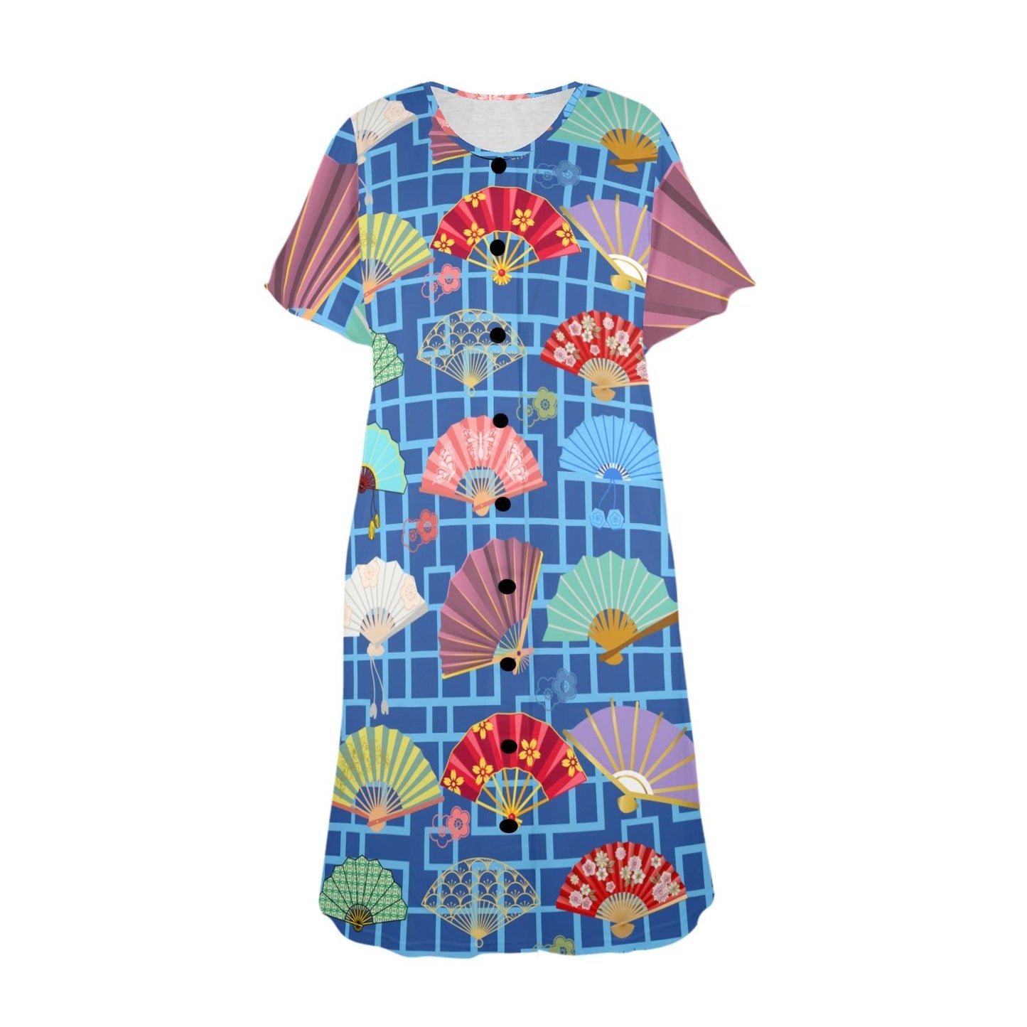 Mahjong Muumuu Dress, Asian Fans Blue Geometric Whimsical Pattern - Splash of Color Co.