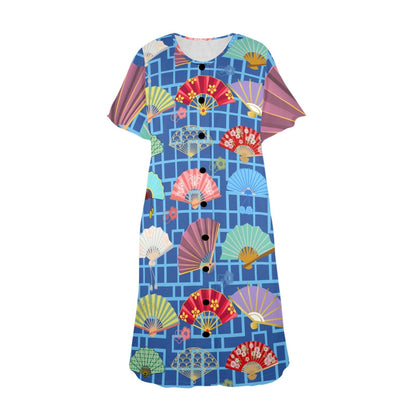 Mahjong Muumuu Dress, Asian Fans Blue Geometric Whimsical Pattern - Splash of Color Co.