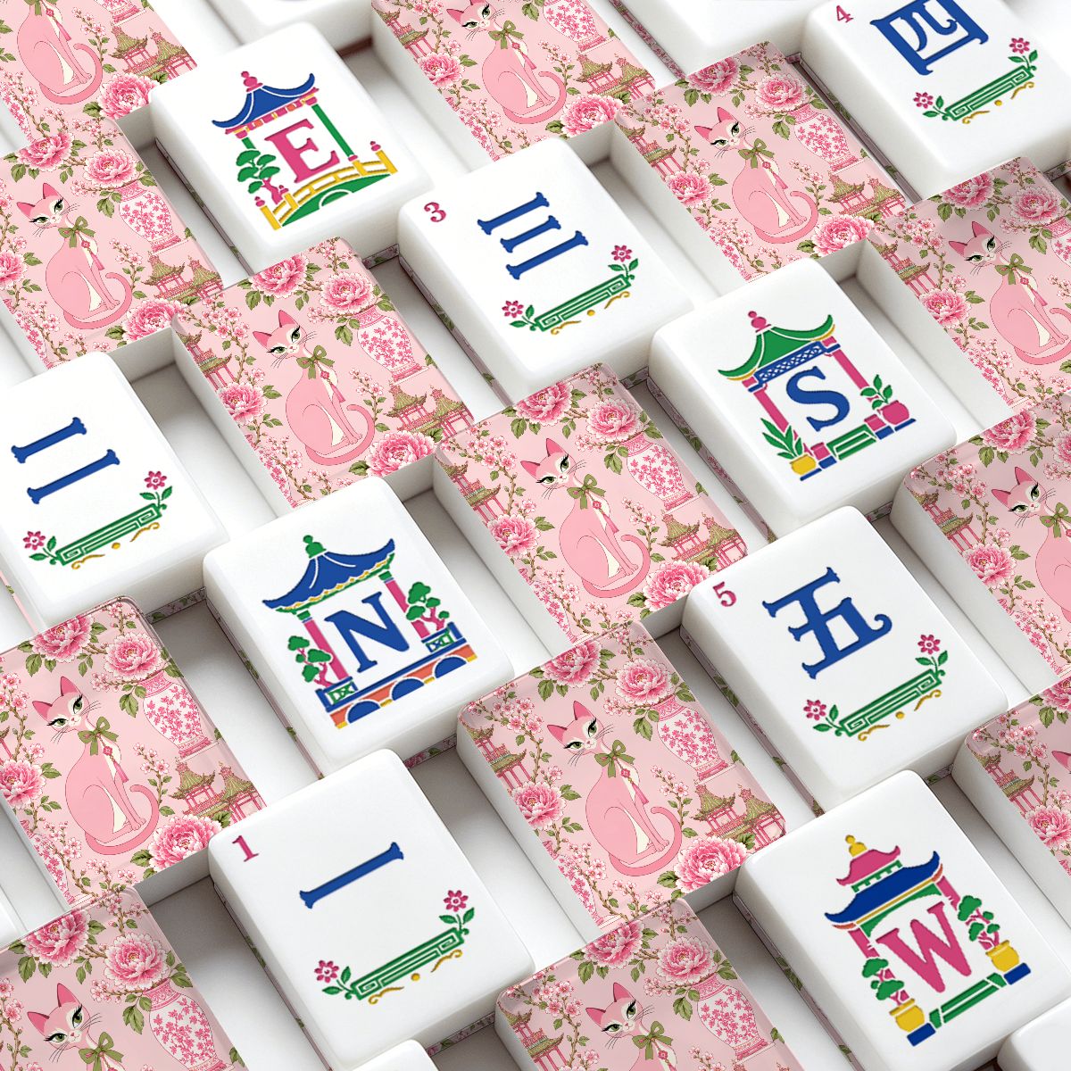 Pink Palm Pagoda Purr Engraved Chinoiserie Mahjong Tiles And Carry Case - Splash Of Mahj And Color Co.