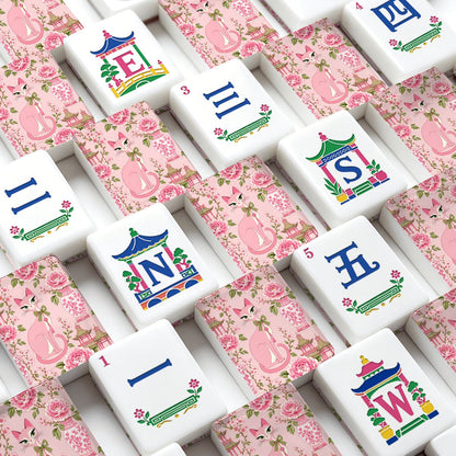 Pink Palm Pagoda Purr Engraved Chinoiserie Mahjong Tiles And Carry Case - Splash Of Mahj And Color Co.