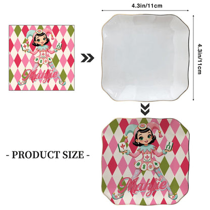 Mahjie The Mascot Harlequin Designed Scalloped Ceramic Mahjong Dice Tray