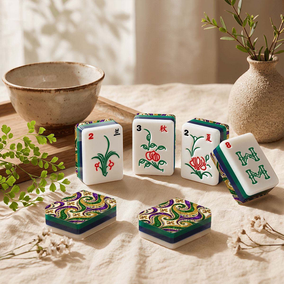 Mardi Gras Fleur de lis Gold And Glitz 4Layer American Mahjong Tiles With Carry Case - Splash Of Mahj And Color Co.