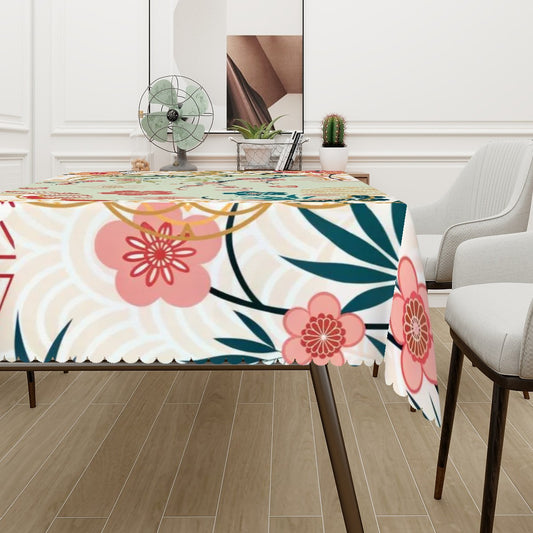 Asian Cherry Blossom Mahjong Party Hosting, All Occassion Rectangular Table Cloth with Wavy Edge