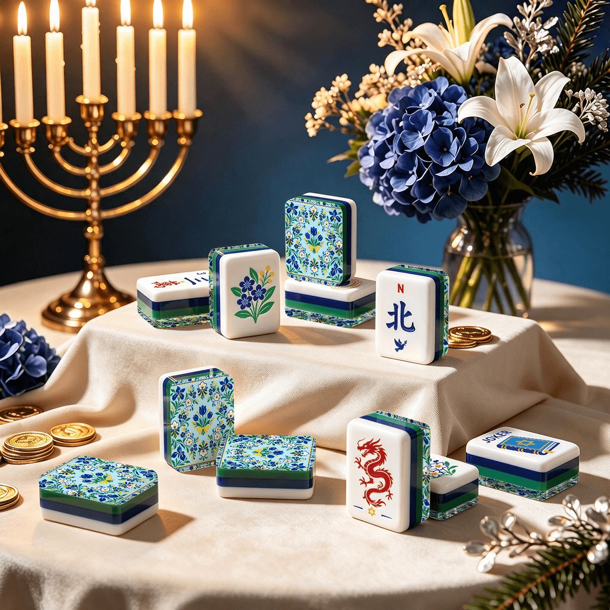 Shalom Garden Hanukkah Mahjong Tiles And Carry Case - Splash Of Mahj And Color Co.