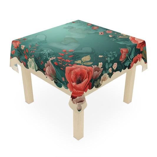 It Must Be Love Vintage Valentine Floral Heart Border Tablecloth — Vintage Rose Garden Table Cover - Splash of Color Co.
