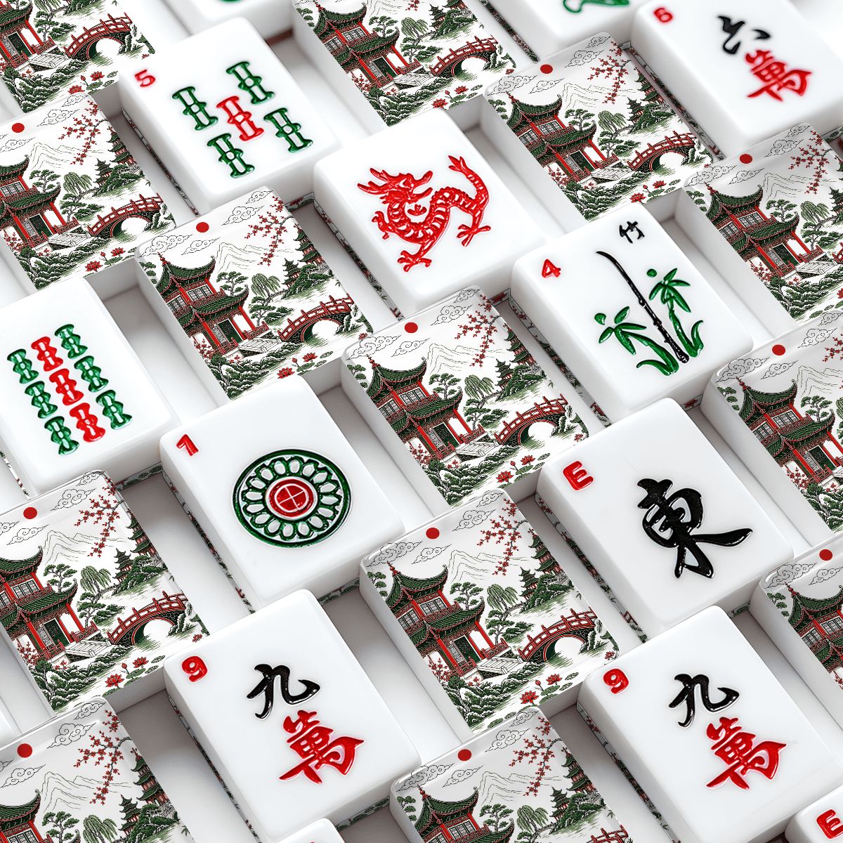 Asian Pagoda Black Red Green American Mahjong Tiles And Carry Bag Set