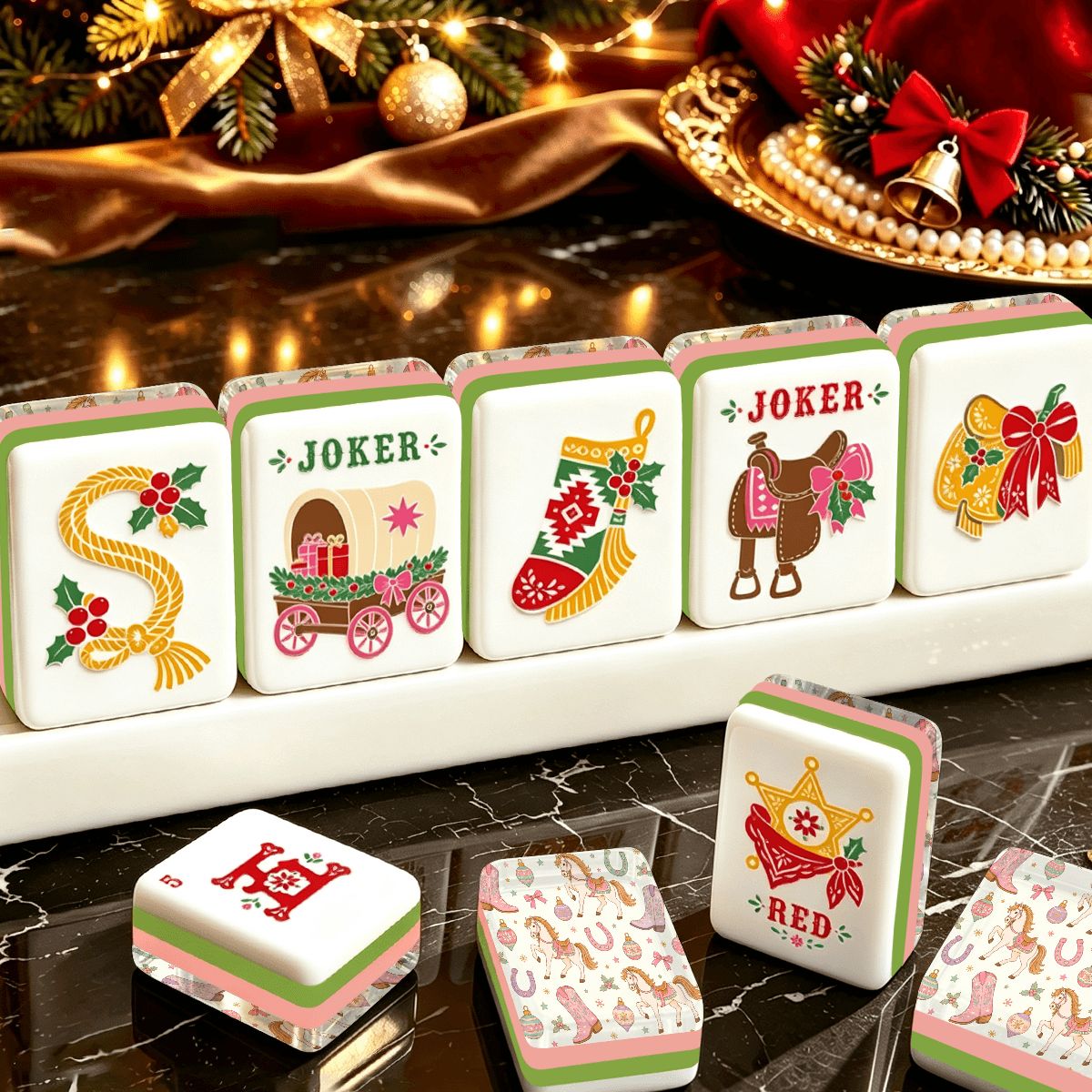 Wild West Wonderland Mahjong Western Christmas Layered Mahjong Tiles With Carry Case