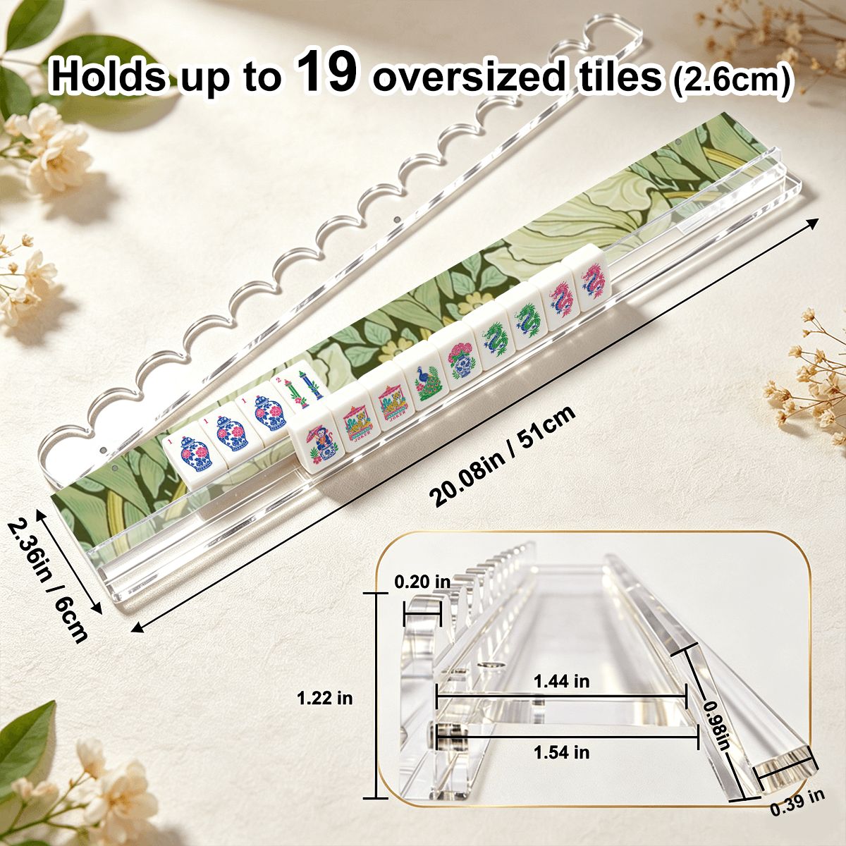 William Morris Inspired Green Vine Extended Mahjong Rack Set of 4  Scalloped Magnetic Tile Pusher