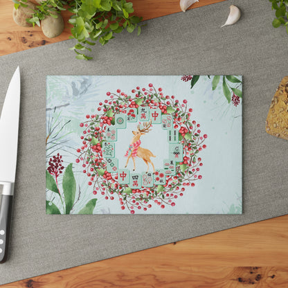 Mahjong Christmas Chacuterie Board, Festive Deer Glass Cutting Board