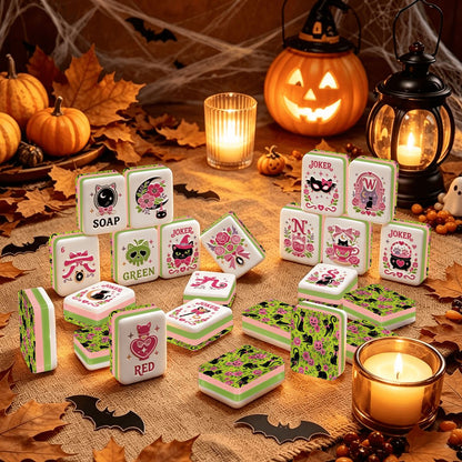 Halloween Kitty Cat Brigade Green And Pink Layered Mahjong Tiles And Carry Case - Splash Of Mahj And Color Co.