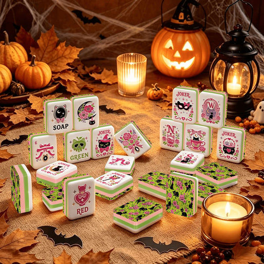 Halloween Kitty Cat Brigade Green And Pink Layered Mahjong Tiles And Carry Case - Splash Of Mahj And Color Co.