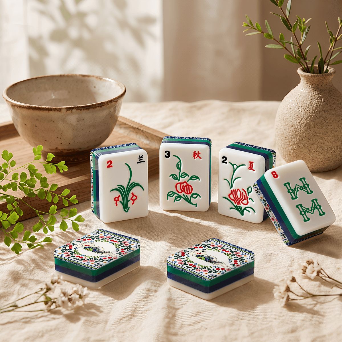 Pottery Porcelain Chillin' Frog 4Layer American Mahjong Tiles  Blue  Green  With Carry Case