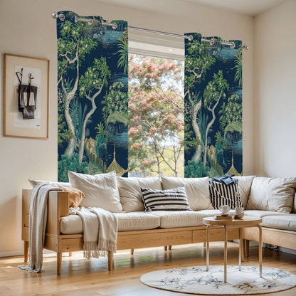 Asian Chinoiserie Royal Blue Zen Garden Pagoda Blackout Curtain Panels - Splash of Color Co.