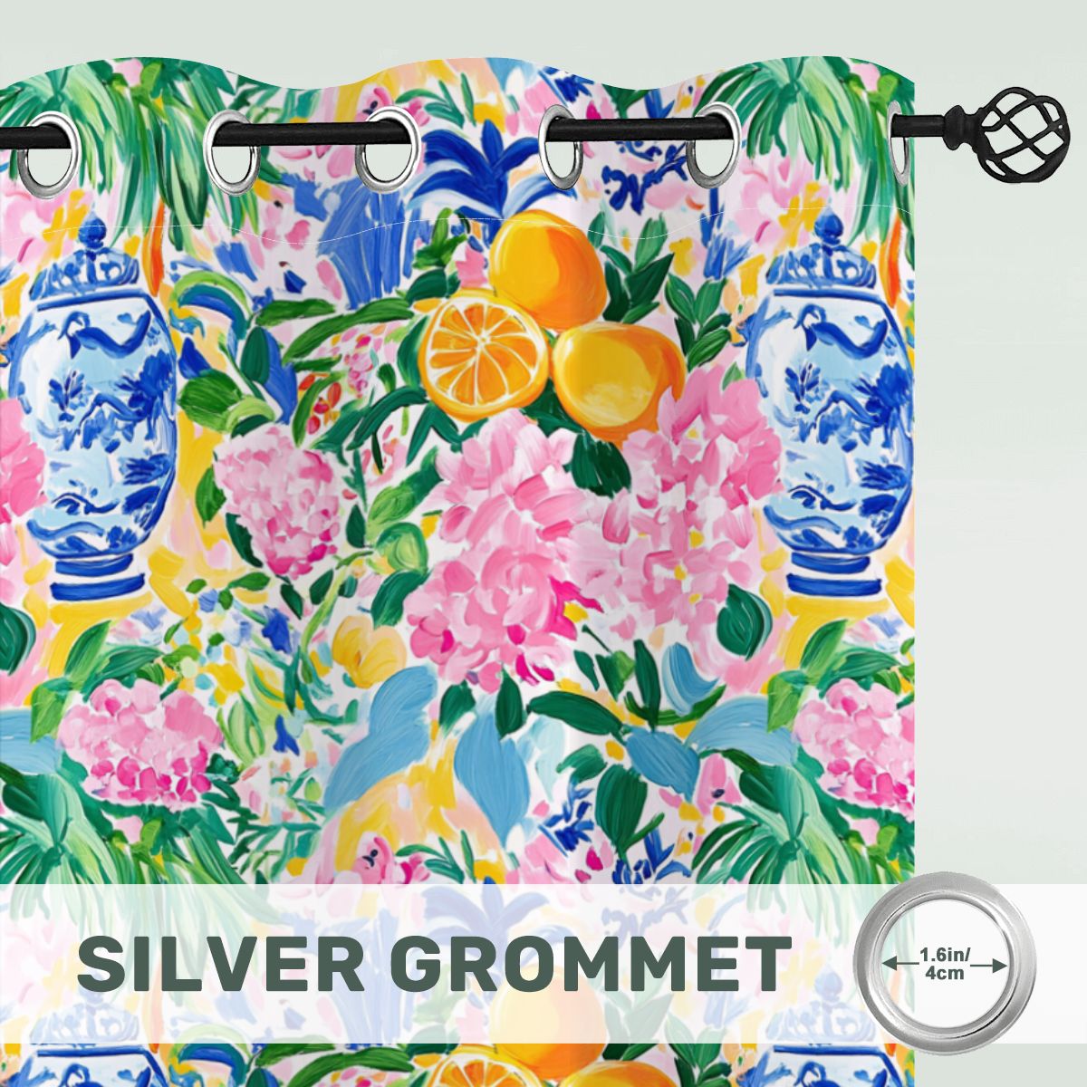 Preppy Floral Asian Chinoiserie Pink Blue Orange Citrus Blackout Curtain Panels - Splash of Color Co.