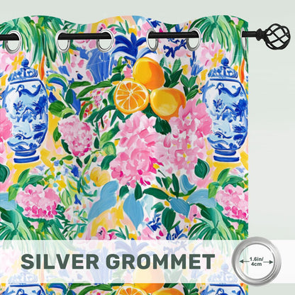 Preppy Floral Asian Chinoiserie Pink Blue Orange Citrus Blackout Curtain Panels - Splash of Color Co.