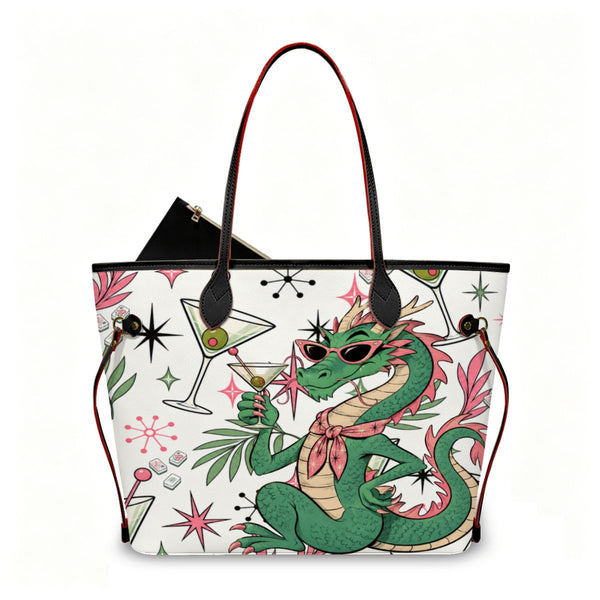 The Tipsy Dragon Mahjong Vegan Leather Tote Bag With Mini Pouch - Splash Of Mahj And Color Co.