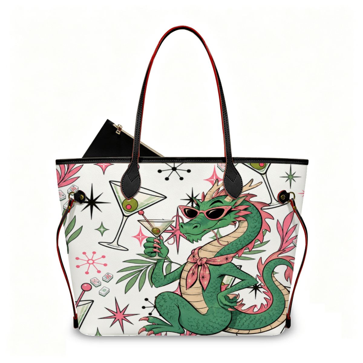 The Tipsy Dragon Mahjong Vegan Leather Tote Bag With Mini Pouch - Splash Of Mahj And Color Co.