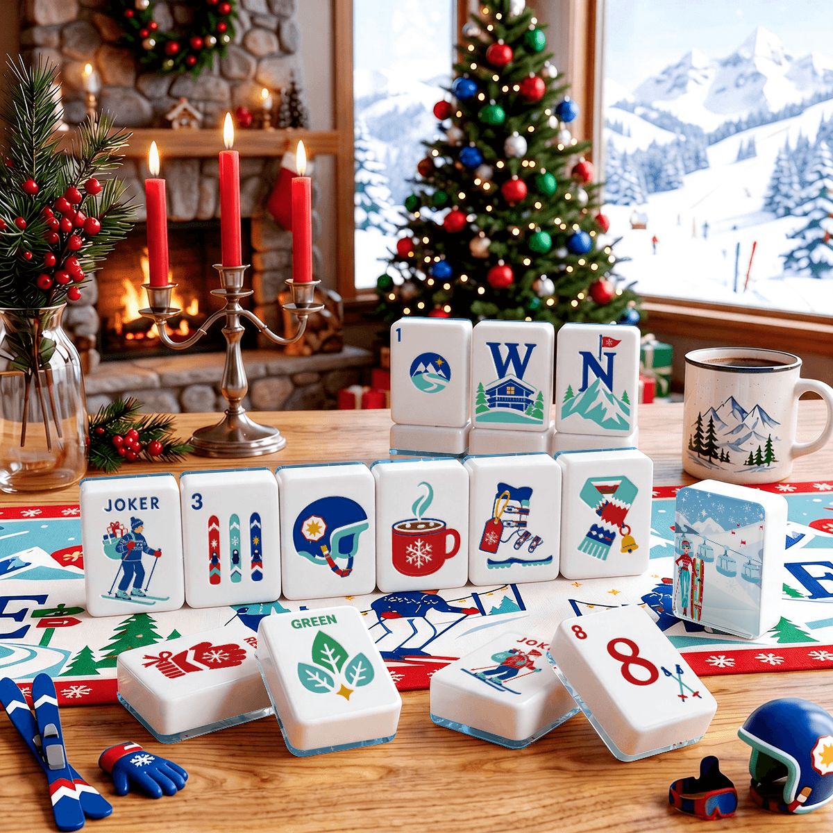 Cozy Winter Alpine Slopes ENGRAVED Christmas Mahjong Tiles And Carry Case - Splash Of Mahj And Color Co.