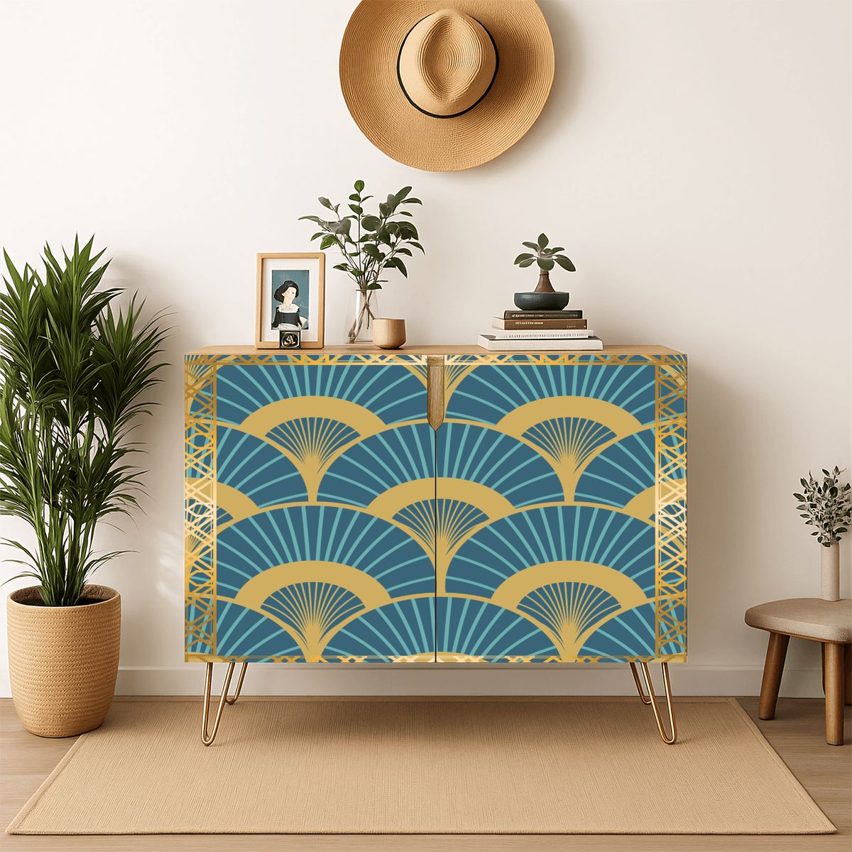 Golden Gilded Teal Art Deco Fan Pattern Modern Wooden Storage Cabinet - Splash of Color Co.