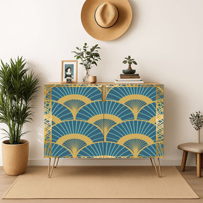 Golden Gilded Teal Art Deco Fan Pattern Modern Wooden Storage Cabinet - Splash of Color Co.
