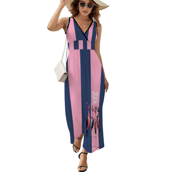 Preppy Navy Blue Pink Striped Mod Mahjong Summer Sleeveless Maxi Dress - Splash of Color Co.